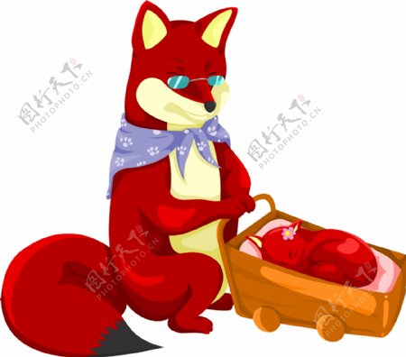 戴眼镜推宝宝车的狐狸
