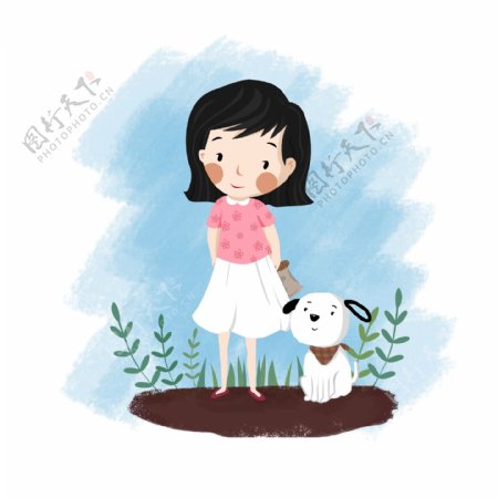 小女孩与小狗卡通插画