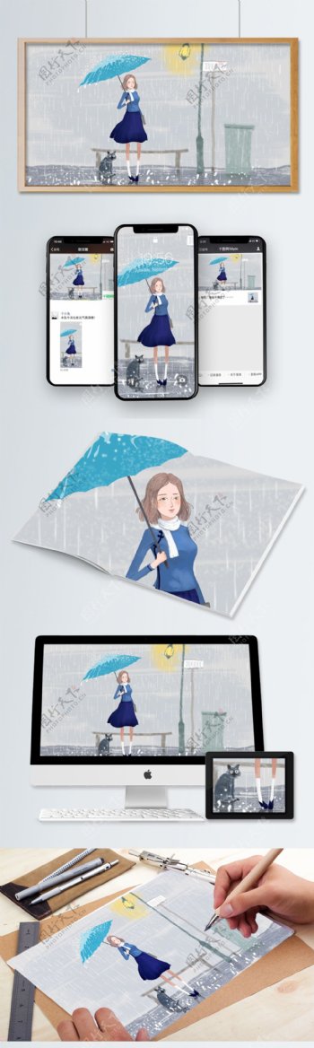 原创民国女学生插画素材打伞女孩雨水壁纸