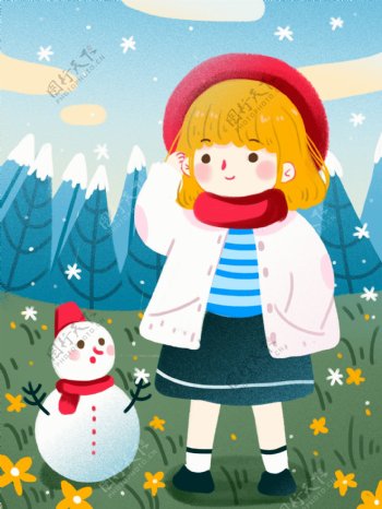冬天你好扁平风治愈系在草地的小女孩和雪人