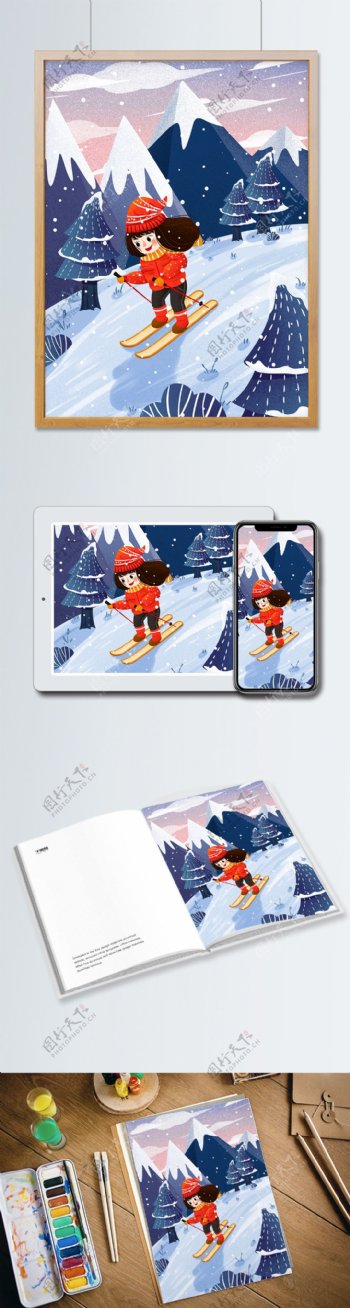 冬季雪景女孩雪地滑雪插画