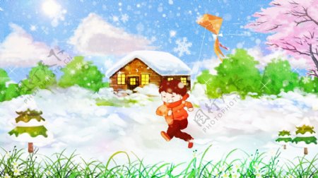 唯美清新冬天雪景冬日私语男孩放风筝插画