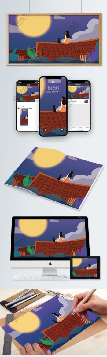 中秋节女孩和猫屋顶赏月矢量插画