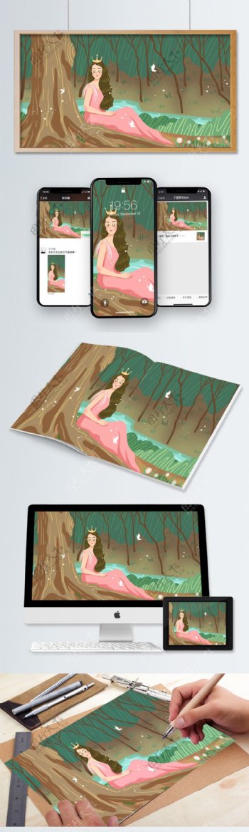 森林公主与蝴蝶为伴治愈系插画