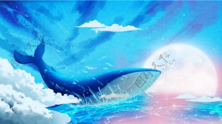 手绘唯美梦幻大海与鲸治愈系梦游仙境插画