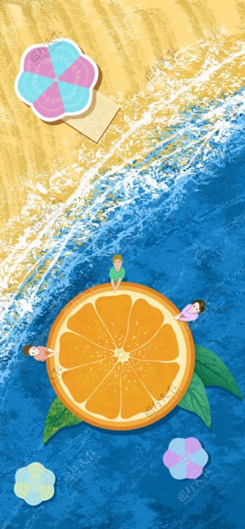 夏天沙滩海洋柠檬游泳的人插画