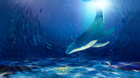 蓝色梦幻深海鲸鱼插画