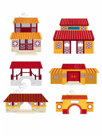 中国古代建筑物矢量手绘元素背景套图