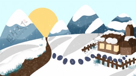 手绘冬日雪景石阶路背景素材
