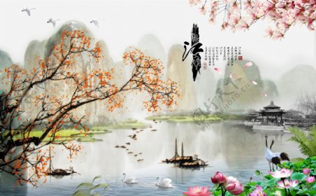 精美中国风山水池塘画