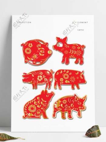 红色金色猪剪纸春节AI素材