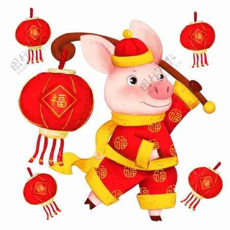 新年小猪吉祥物打灯笼手绘插画