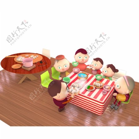 春节习俗除夕全家卡通人偶吃饺子