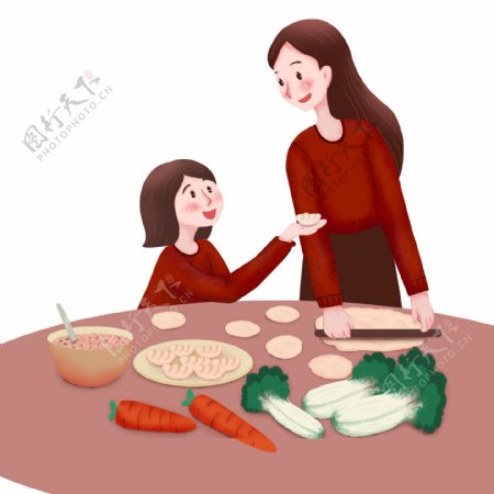 手绘过年包饺子的母女