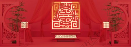 全原创红色新年中国古风隔断舞台展台背景