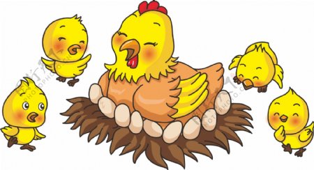 原创动物卡通系列母鸡和小鸡