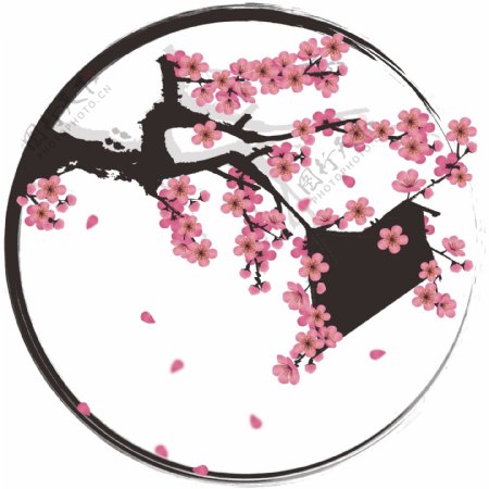 手绘中国风水墨边框花卉桃花花朵装饰元素