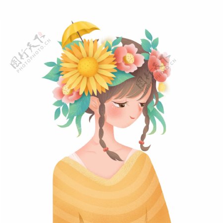头上戴满花朵的女孩图案元素