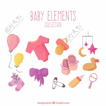 12款彩绘粉色婴儿用品矢量素材