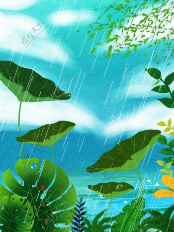手绘二十四节气雨水绿叶背景设计