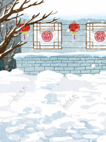 彩绘冬季雪地灯笼背景设计