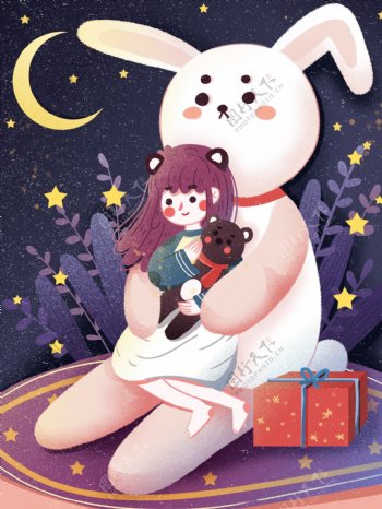 治愈晚安世界兔子怀抱中唯美浪漫的女孩创意