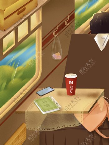 卡通手绘火车上座位插画背景