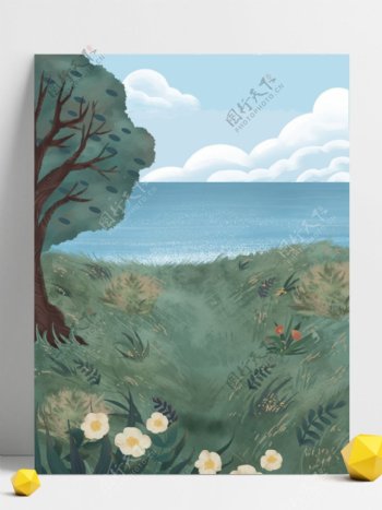 彩绘春季草地海洋背景设计