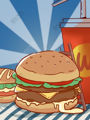 蓝色清新手绘美味汉堡插画背景