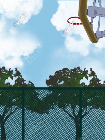 蓝天白云手绘篮球场插画背景设计