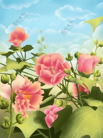 手绘清新植物花卉风景插画背景
