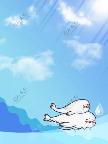 原创蓝色海洋天空海豹背景
