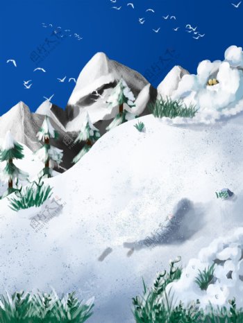 手绘冬季雪山背景设计