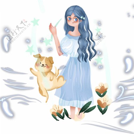 梦幻手绘少女和猫咪插画设计