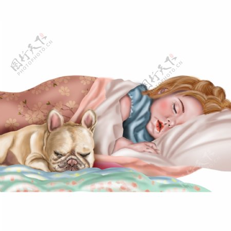 手绘睡觉的宝宝和沙皮狗