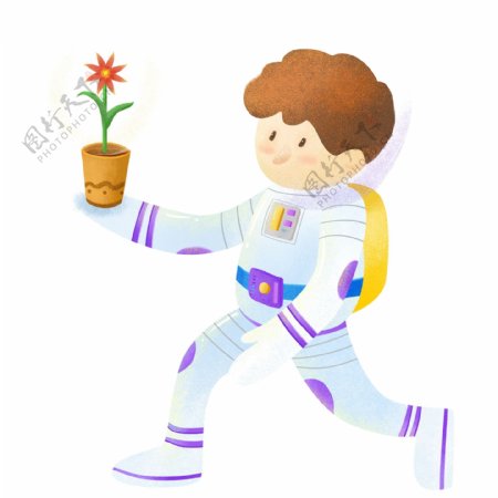 手绘拿花的宇航员png元素