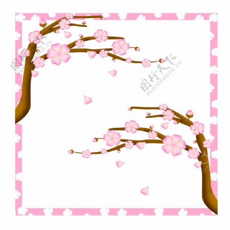 粉色卡通樱花花朵花枝树干边框元素