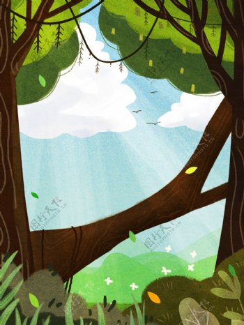 清新彩绘春季树林背景设计