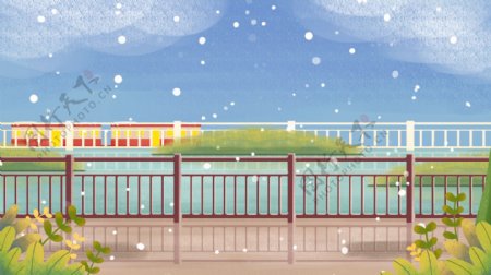 冬季下雪站前火车插画背景