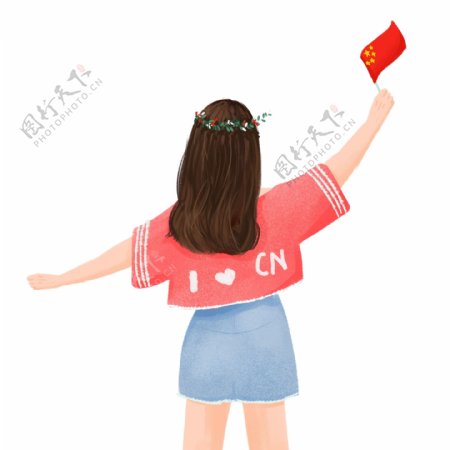 卡通手绘拿着国旗的女孩人物插画