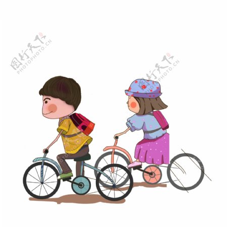 彩绘骑自行车去上学的两个学生