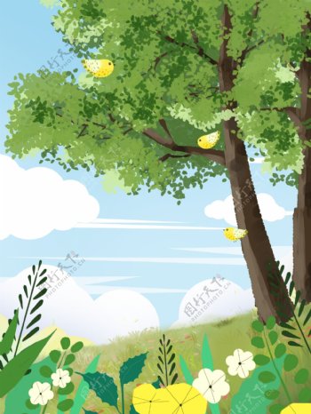 手绘春季树林小鸟背景设计