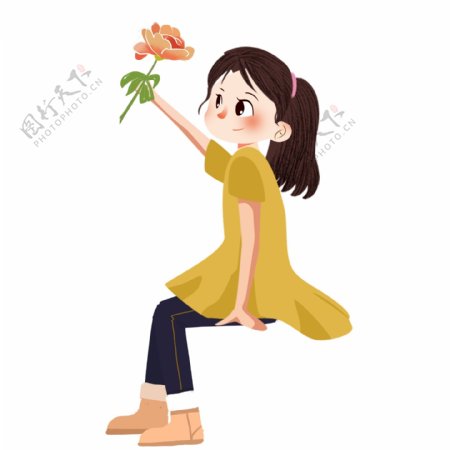 手绘可爱拿着一支花的孩子