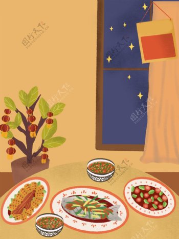 新年春节阖家团圆吃饭插画背景