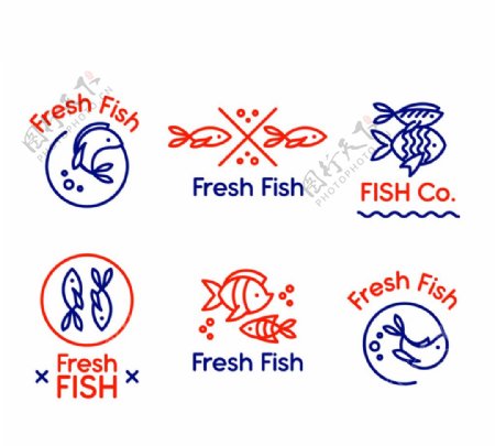 6款手绘新鲜鱼标志矢量