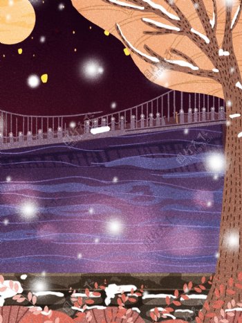 冬季手绘大树桥上美景背景设计