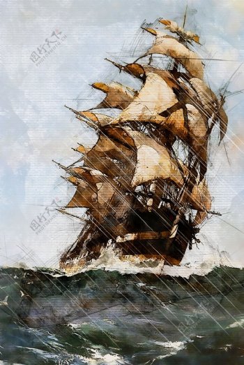 欧式复古帆船油画