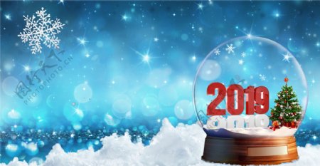 2018跨年创意合成清新雪景水晶球海报