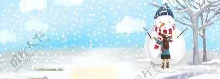 二十四节气之大寒户外女孩堆雪人插画背景