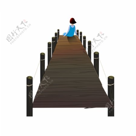 坐在木桥上的小女孩设计元素